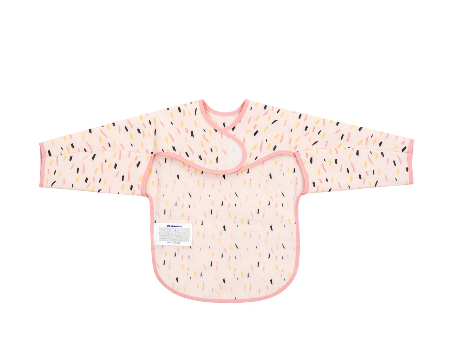 Ein langärmliger Lätzchen in Rosa mit einem bunten Strichmuster und rosafarbenen Einfassungen auf weißem Hintergrund.