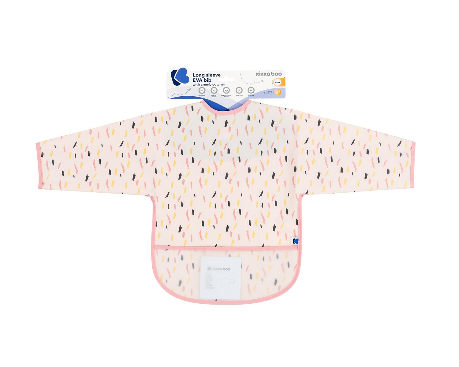 Rosa langärm Lätzchen mit bunten Strichen und Krümmelfänger.