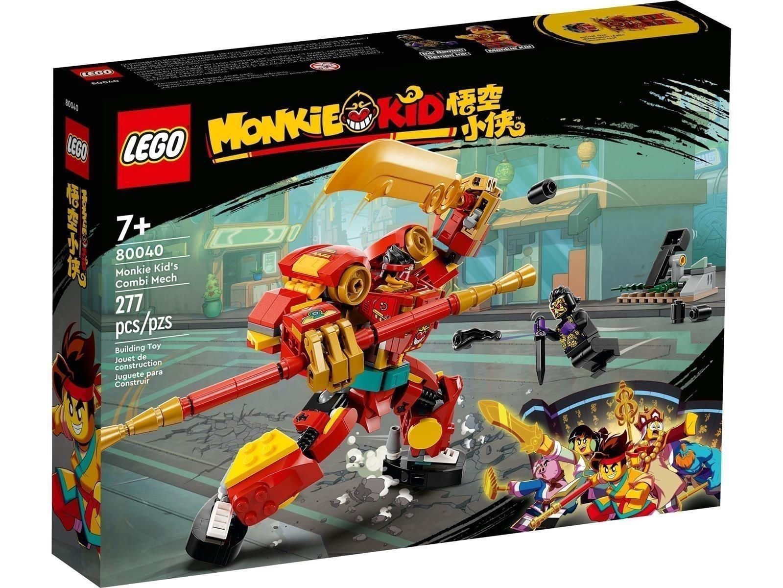 Lego Monkie Kid's Combi Mech Set-Verpackung mit rotem Mech und Minifiguren.