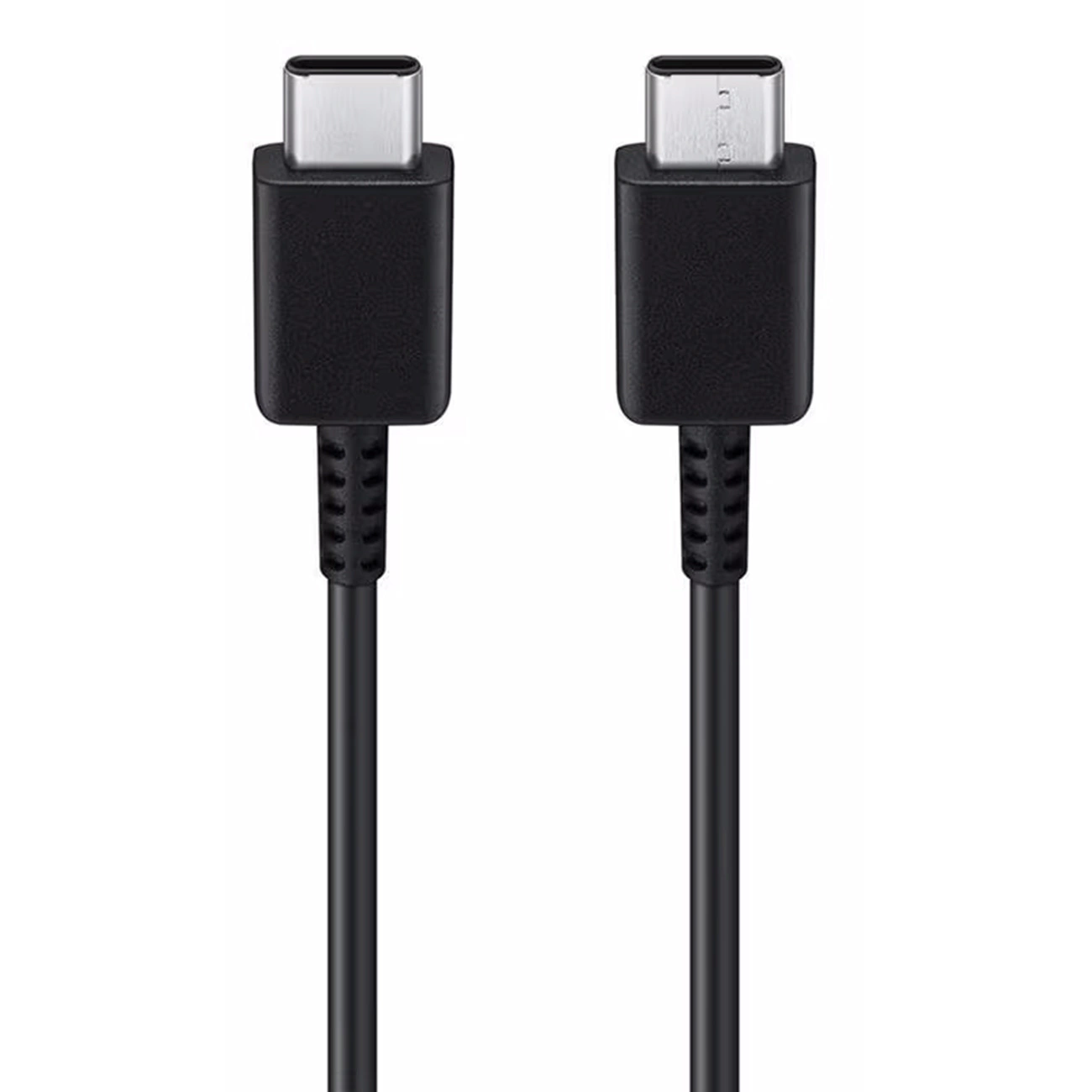 Due estremità di cavo USB-C nere con connettori argentati e pressacavi in gomma su sfondo bianco.
