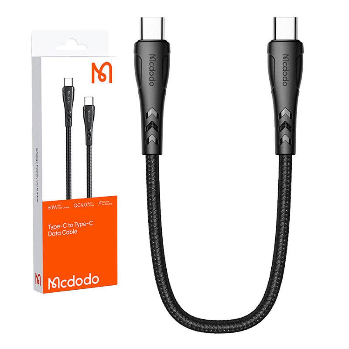 Un cavo dati intrecciato Mcdodo Type-C a Type-C nero accanto alla sua scatola bianca e arancione.