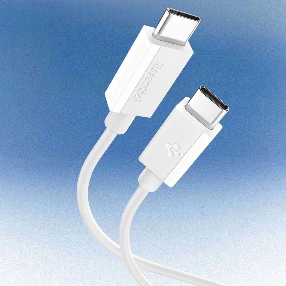 Mavi tonlu arka planda metal konnektörlü iki beyaz USB-C kablosu.