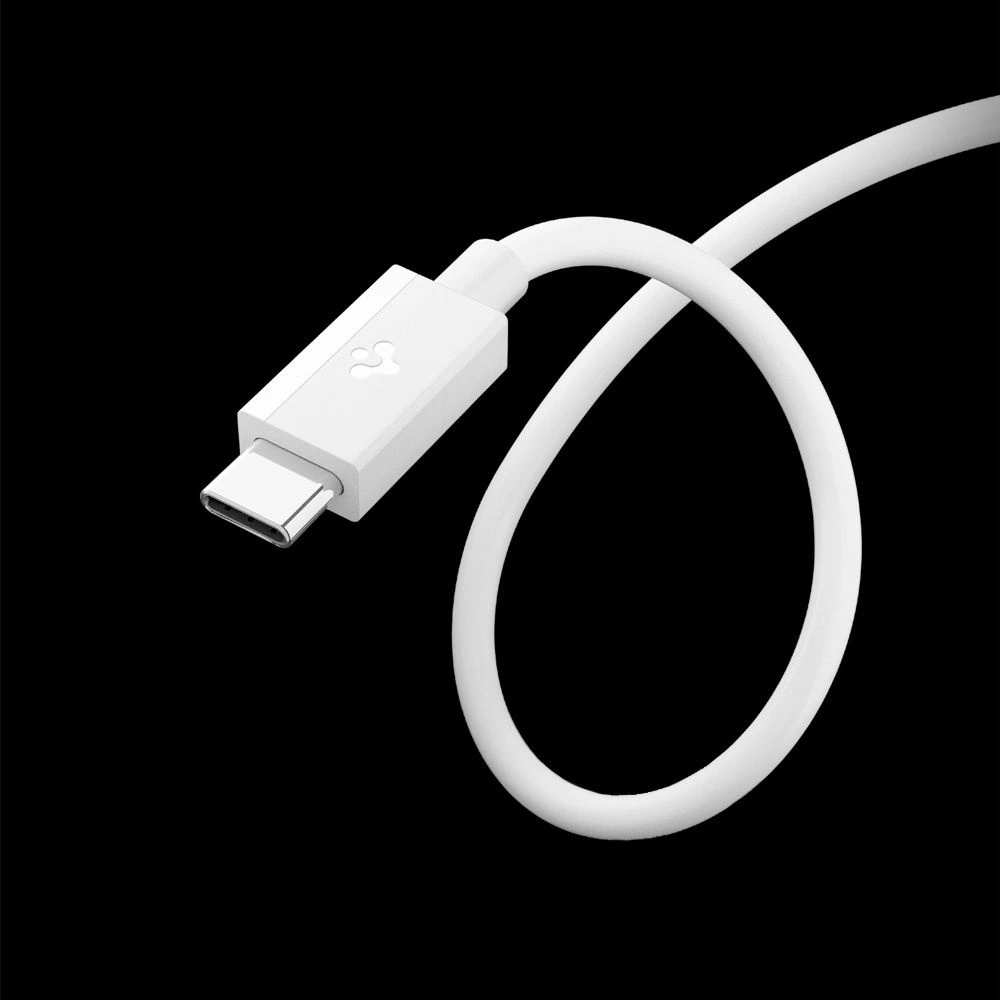 Siyah arka planda konektörlü beyaz bir USB-C kablosu.