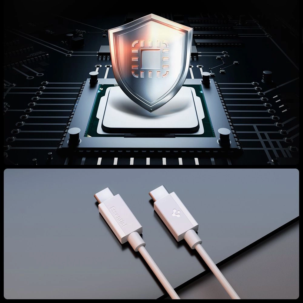 Devre kartı üzerindeki bir CPU çipi üstünde koruyucu kalkan, altta koyu yüzeyde iki beyaz USB-C kablosu.