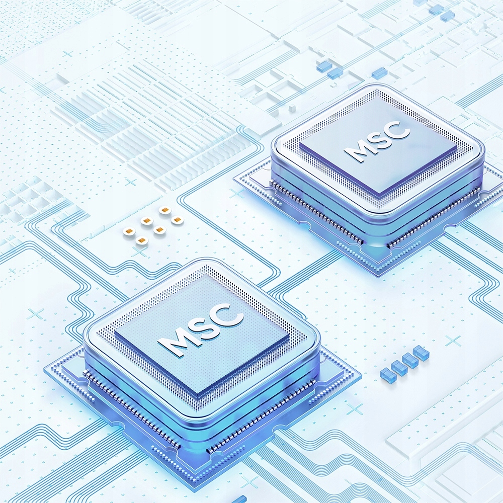 Due chip per computer MSC blu su uno sfondo di circuito stampato.