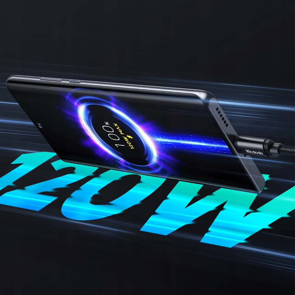 Smartphone in carica con vortice blu, mostra 100% sopra una scritta luminosa 120W.