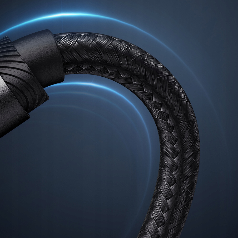 Un cavo intrecciato nero si curva su uno sfondo blu scuro con anelli di luce luminosi.