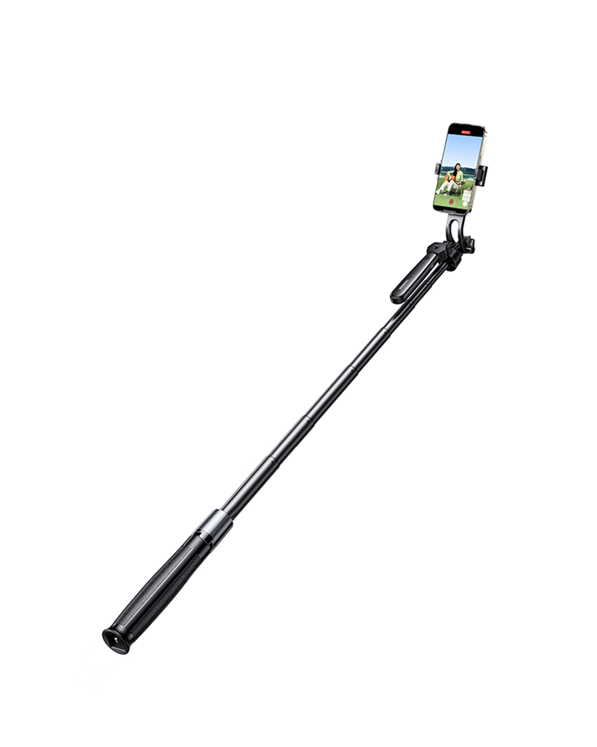 Beyaz arka planda akıllı telefon tutan siyah bir selfie çubuğu ve tripod.