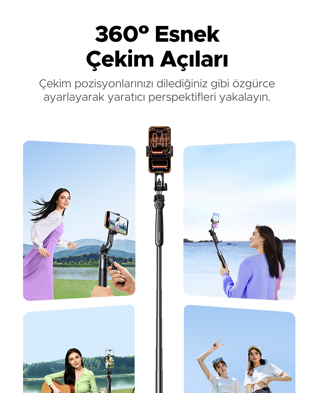 Bir selfie çubuğu ve dört görsel, dış mekan çekimleri için sopayı kullanan kişileri gösteriyor.