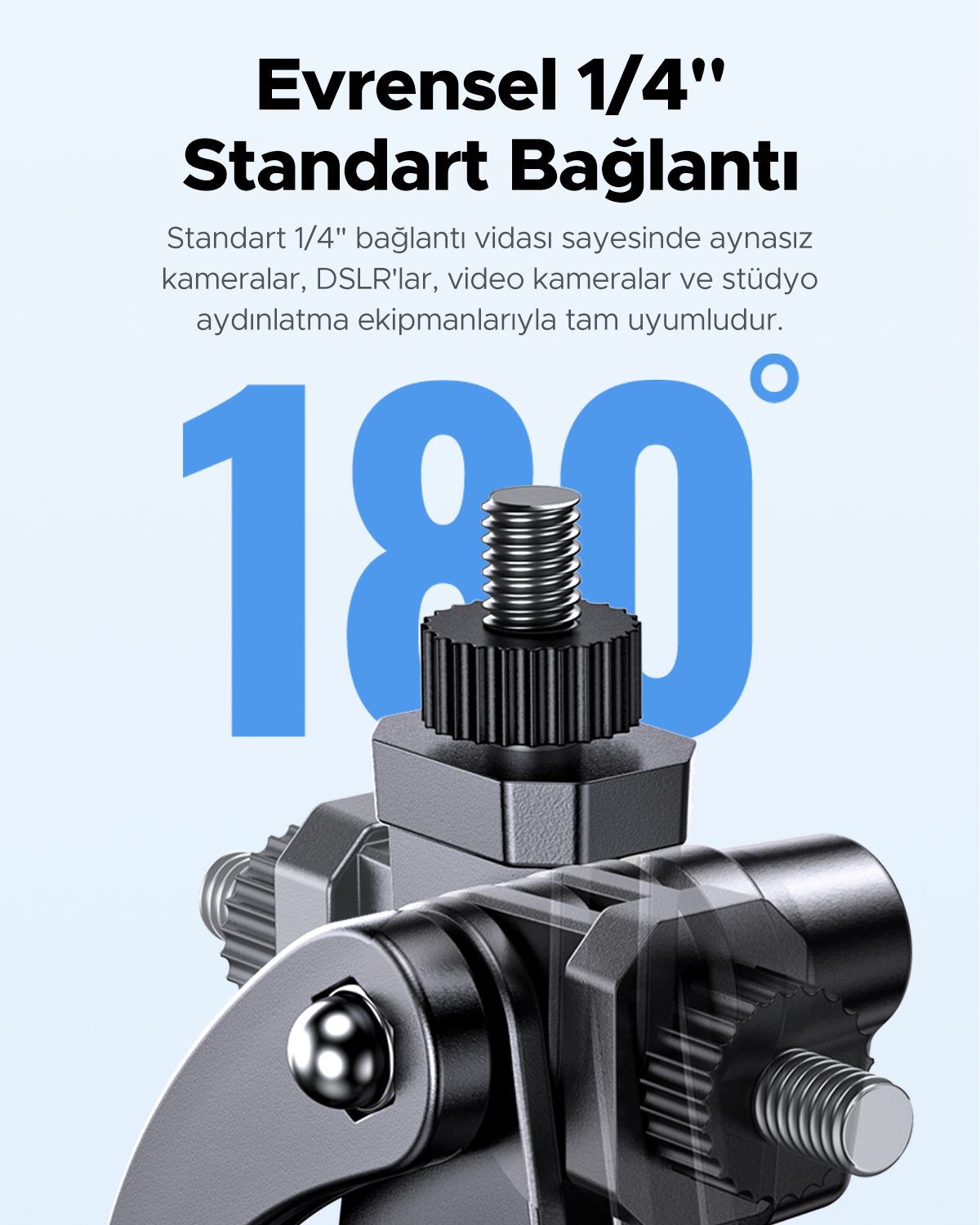 1/4 inç dişli, 180 derece dönebilen siyah metal kamera montaj aparatı ve Türkçe yazılar.
