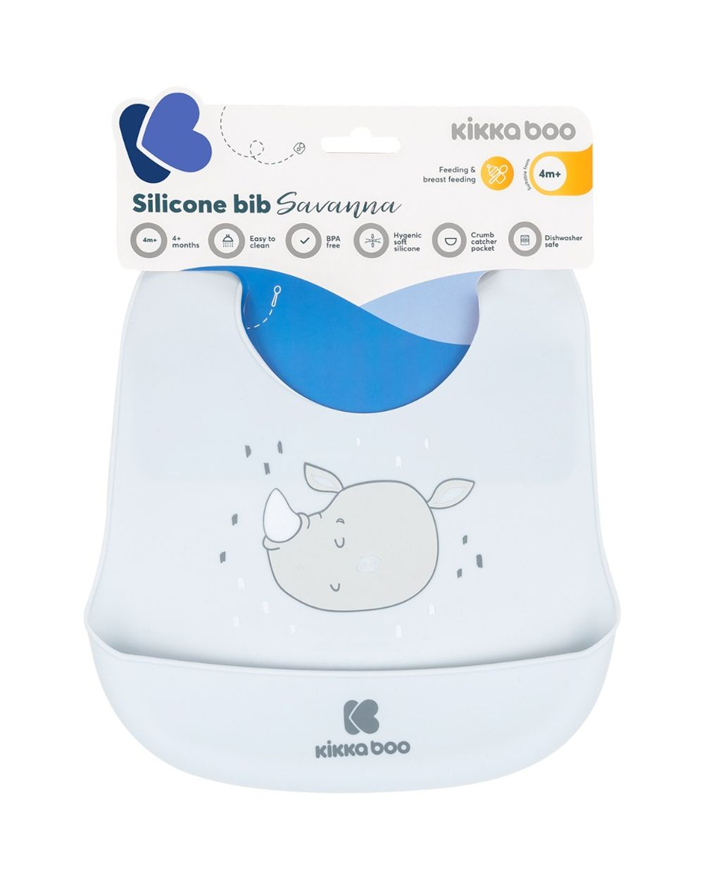 Ein hellblaues Silikon-Lätzchen für Babys mit niedlichem Nashorn, Krümelfänger und Markenverpackung.