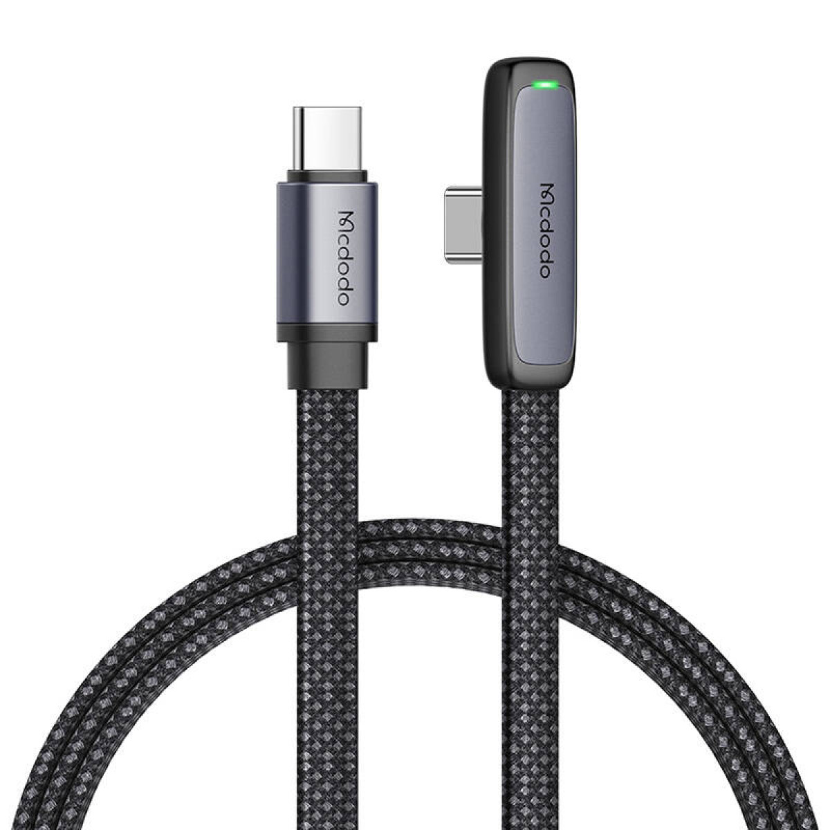 Un cavo intrecciato USB-C grigio Mcdodo con un connettore adattatore ad angolo retto su sfondo bianco.