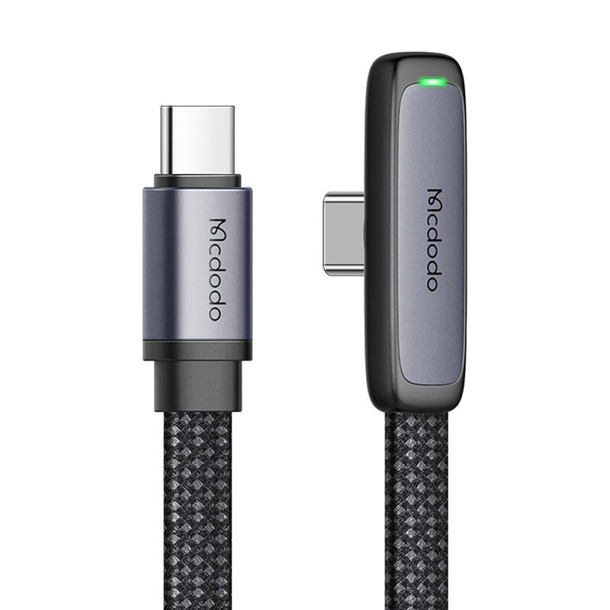Due cavi USB-C intrecciati grigi Mcdodo con indicatore integrato su sfondo bianco.