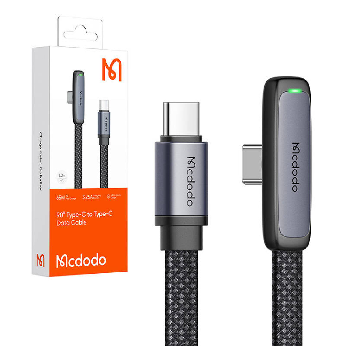 Cavo dati USB-C a 90 gradi Mcdodo con confezione su sfondo bianco.