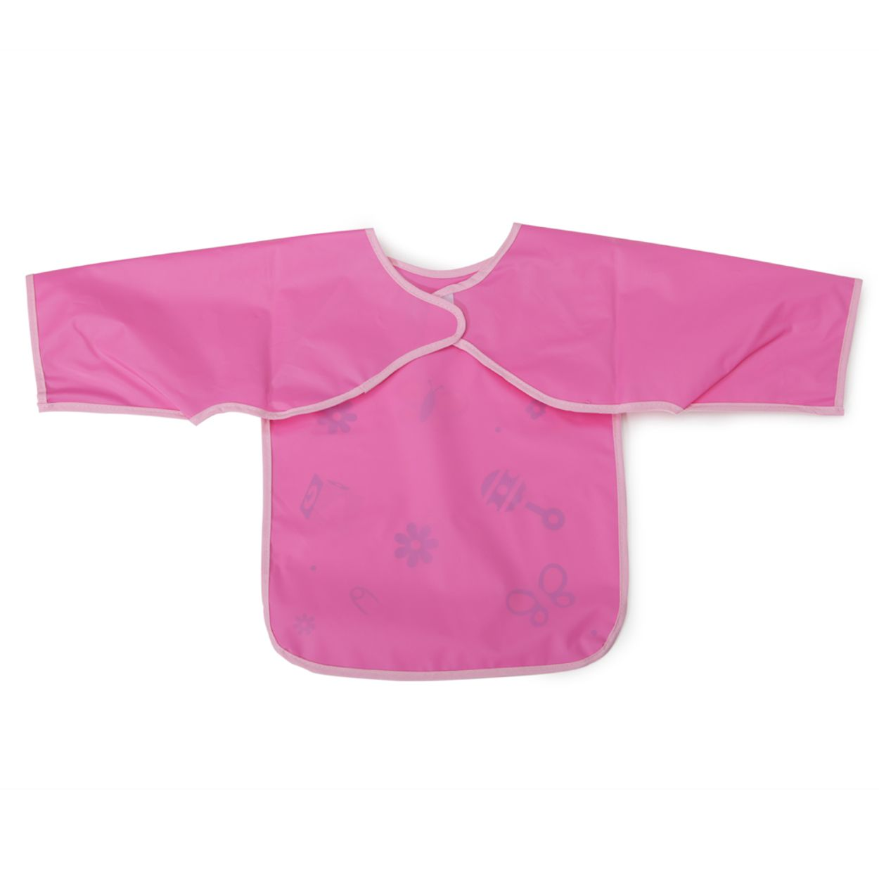 Ein pinkfarbenes Langarm-Baby-Lätzchen mit leichten Mustern und rosa Einfassung auf weißem Hintergrund.