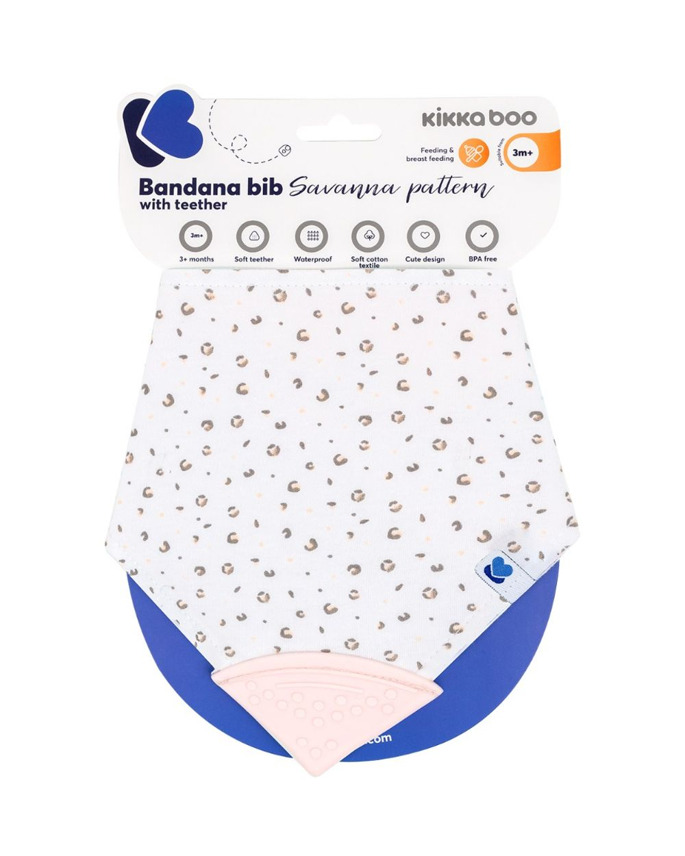Weißes Kikka Boo Bandana-Lätzchen mit Savannen-Muster und rosa Beißring, in originaler Verpackung.