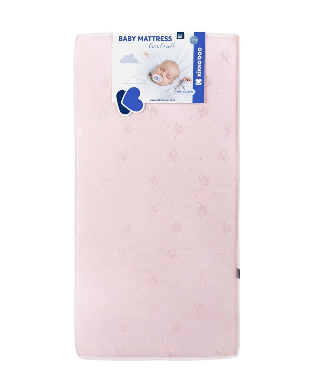 Rosa Babymatratze mit Muster und Produktetikett oben.