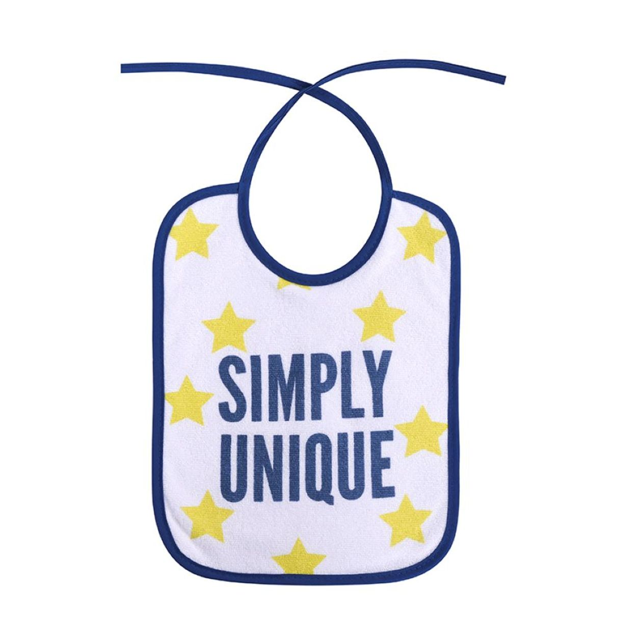 Ein weißer Lätzchen mit blauem Rand, blauen Text "SIMPLY UNIQUE" und gelben Sternen.