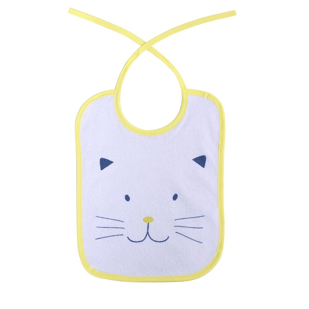Ein weißer Baby-Latz mit gelbem Rand und Kordeln, verziert mit einem blauen Katzen-Gesichtsmotiv.