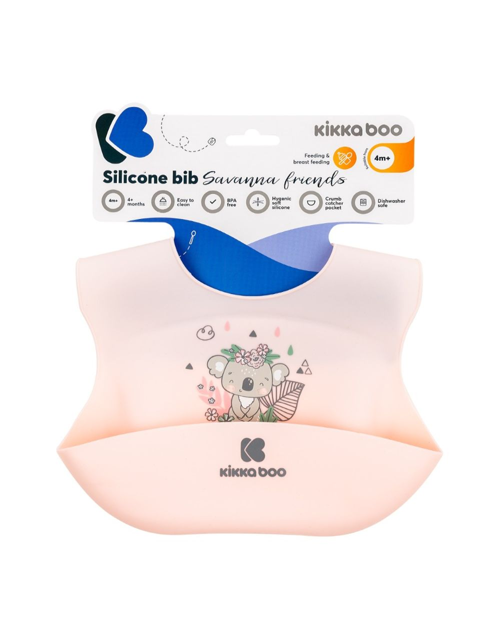 Rosa Silikon-Lätzchen mit Koala-Motiv und KikkaBoo-Logo auf weißem Verpackungskarton.