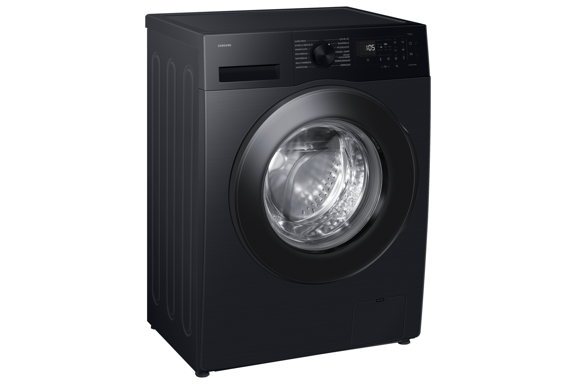 Moderne schwarze Samsung Frontlader-Waschmaschine vor schwarzem Hintergrund.