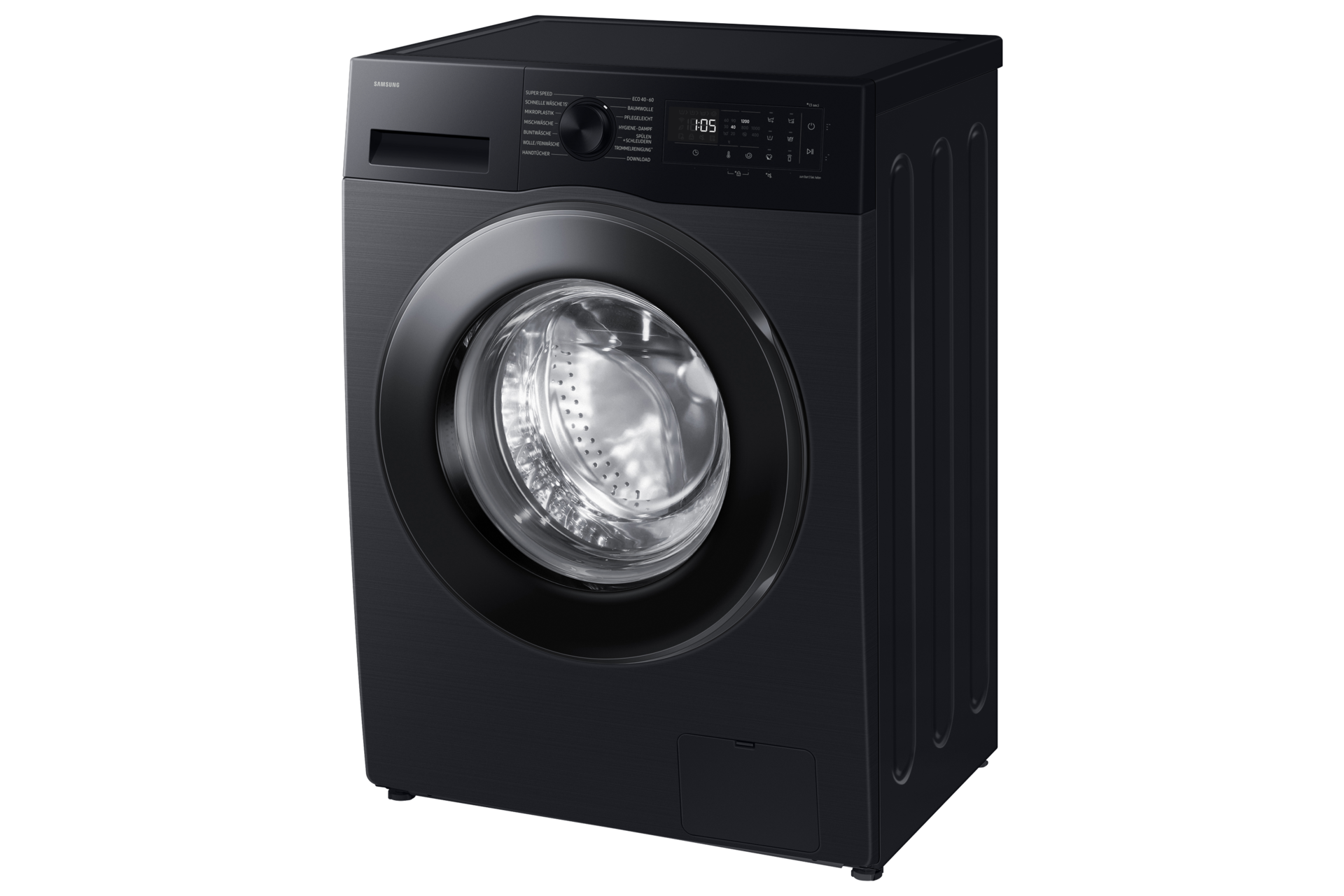 Eine moderne schwarze Frontlader-Waschmaschine mit digitalem Display und runder Glastür vor schwarzem Hintergrund.