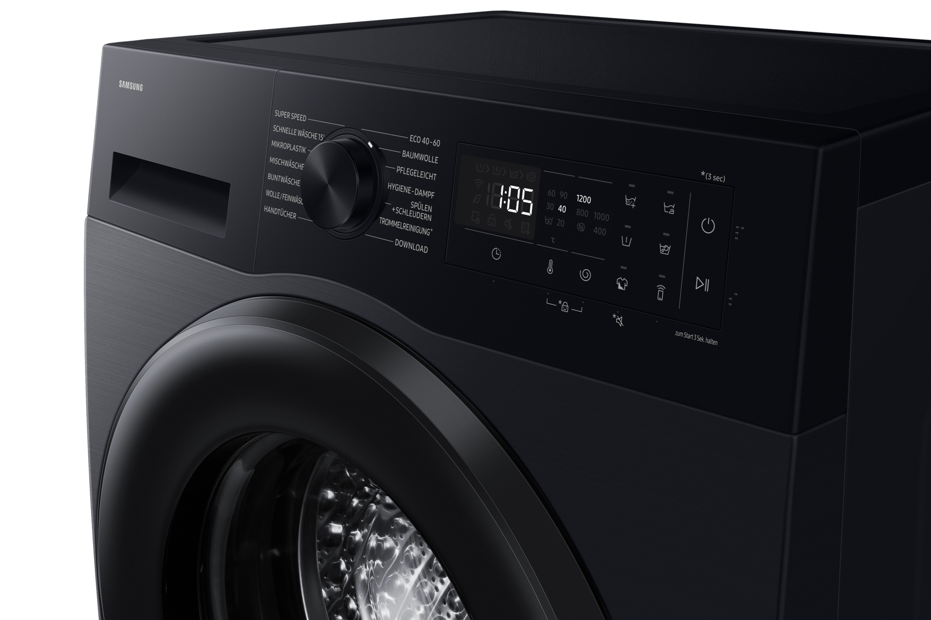 Schwarze Samsung-Waschmaschine mit Drehregler und Digitaldisplay.