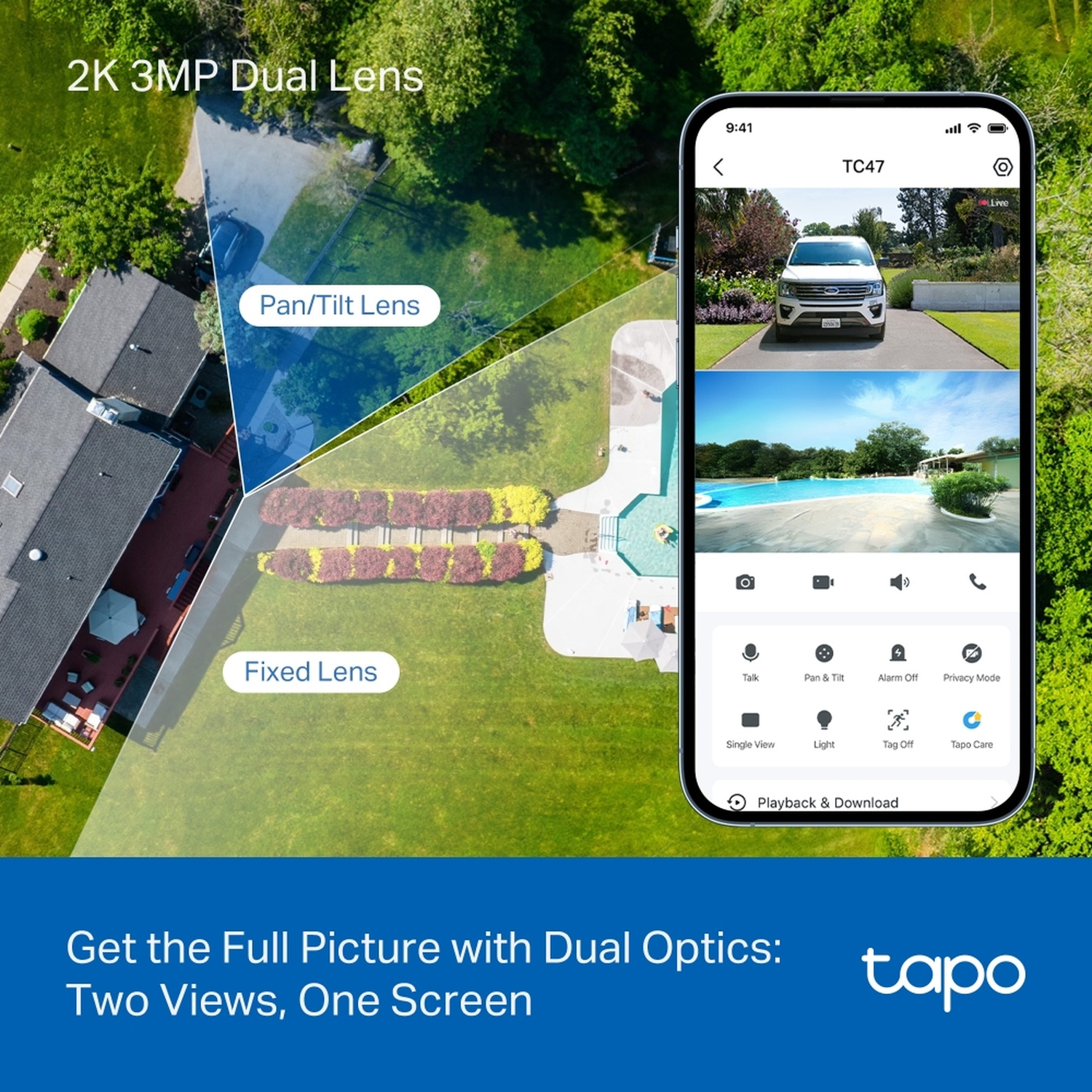 Smartphone mit Live-Ansicht einer Zwei-Linsen-Überwachungskamera und Blick auf Hof und Pool.