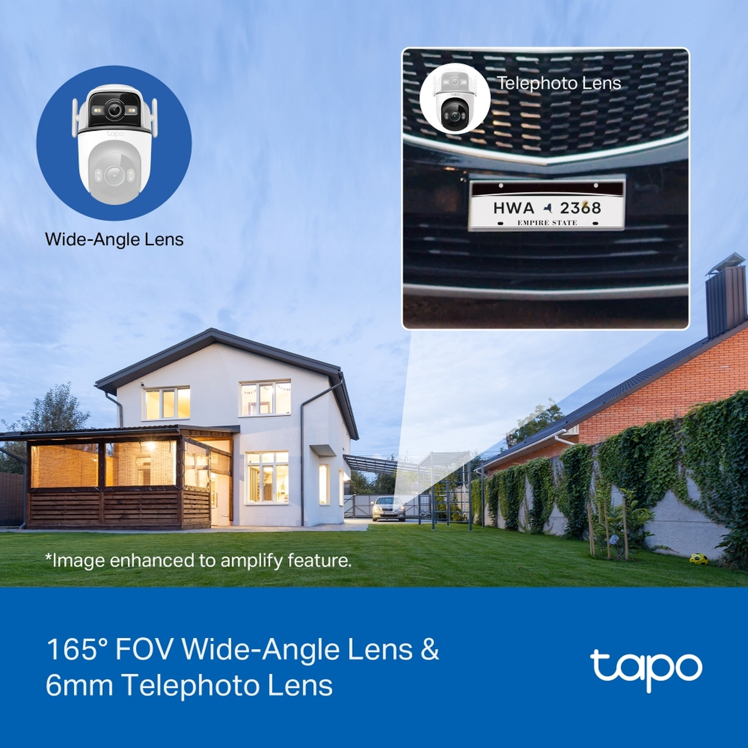 Ein Haus mit Rasen und einer Überwachungskamera mit Weitwinkel- und Teleobjektiv.