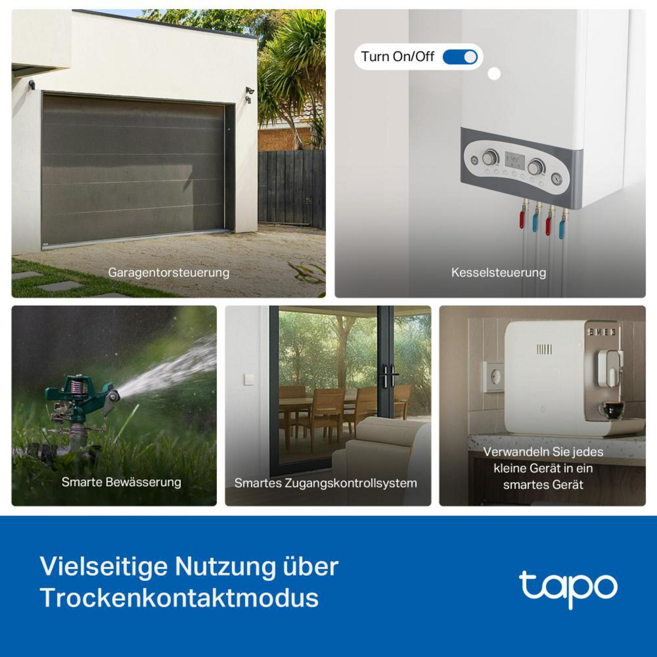 Verschiedene Smart-Home-Anwendungen wie Garagentor, Heizung, Bewässerung, Zugang und Kaffeemaschine.