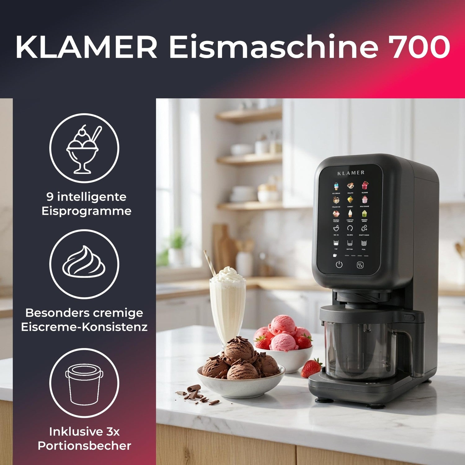 Klamer Eismaschine 700 mit Touch-Display in Küche mit Eisschalen.