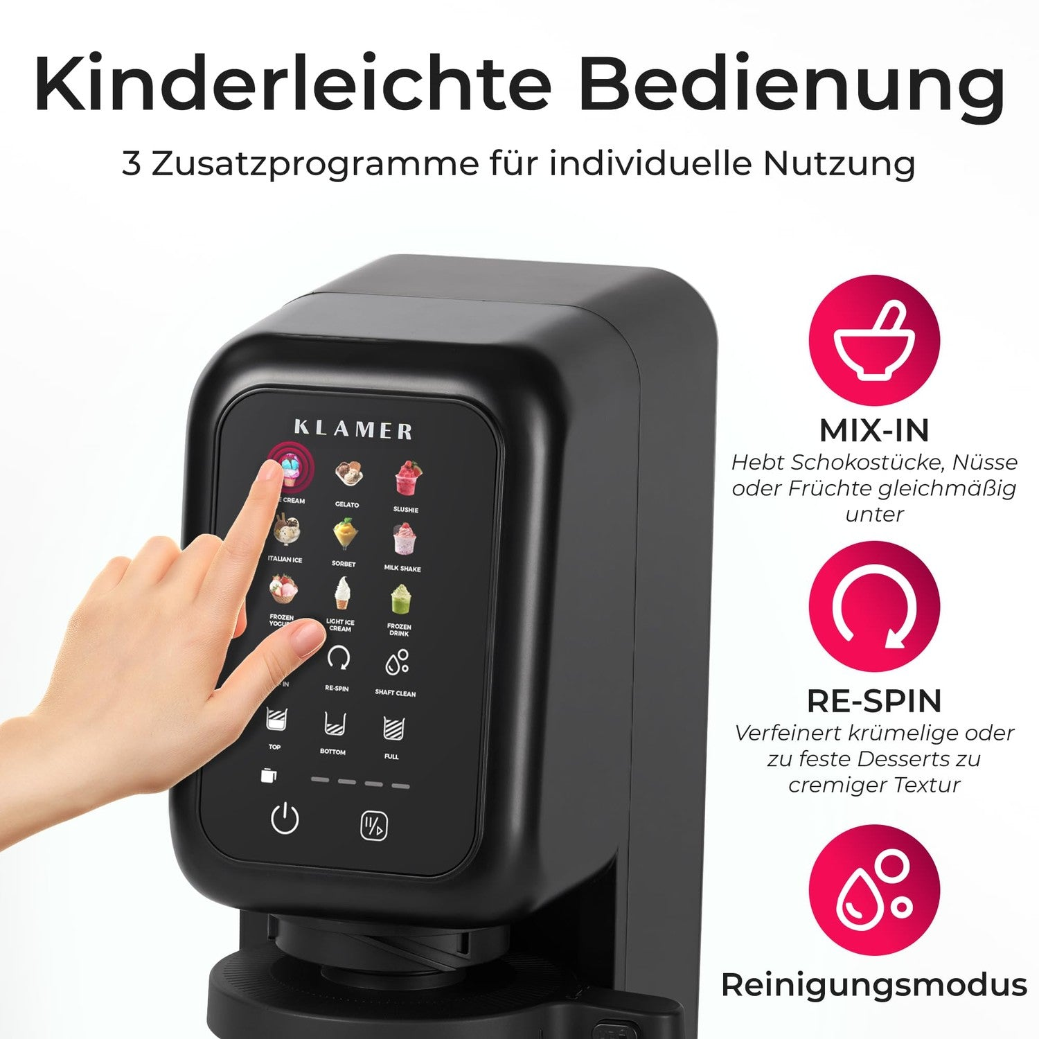 Hand bedient das Touch-Display einer schwarzen Eismaschine mit drei Zusatzprogrammen.