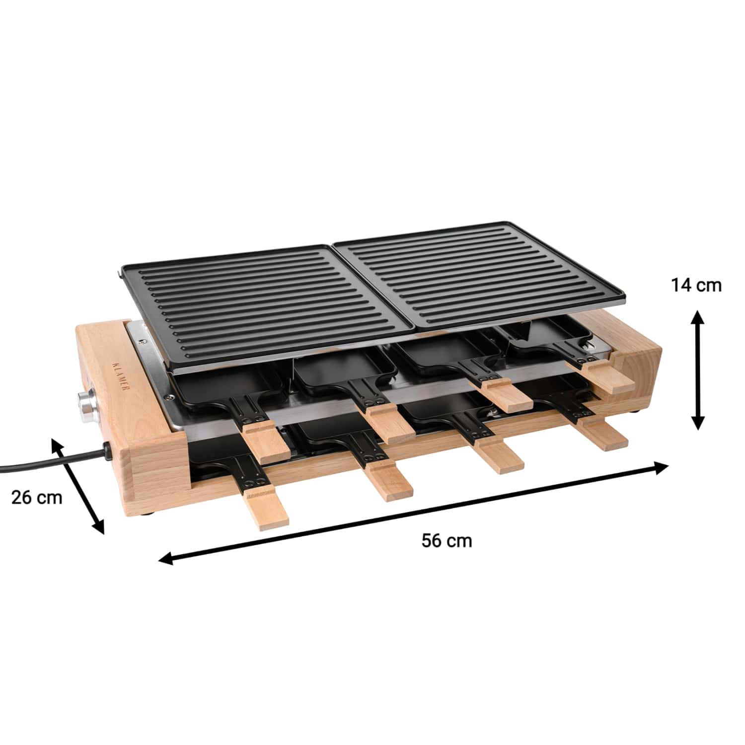 Ein elektrischer Raclette-Grill aus Holz mit acht schwarzen Pfännchen und gerippter Grillplatte, Maße 56x26x14 cm.