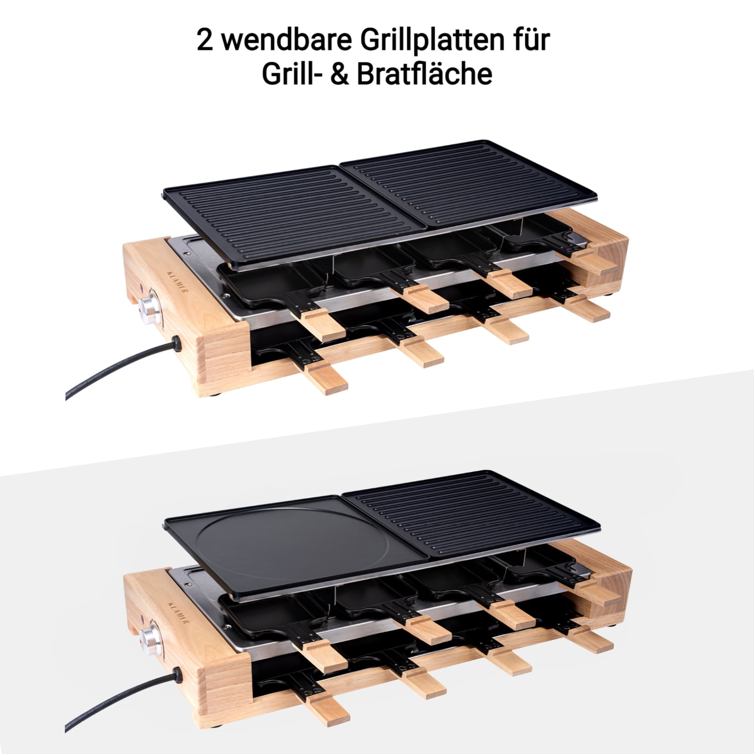 Ein hölzerner Raclette-Grill mit acht Pfännchen und zwei verschiedenen schwarzen Grillplatten oben.