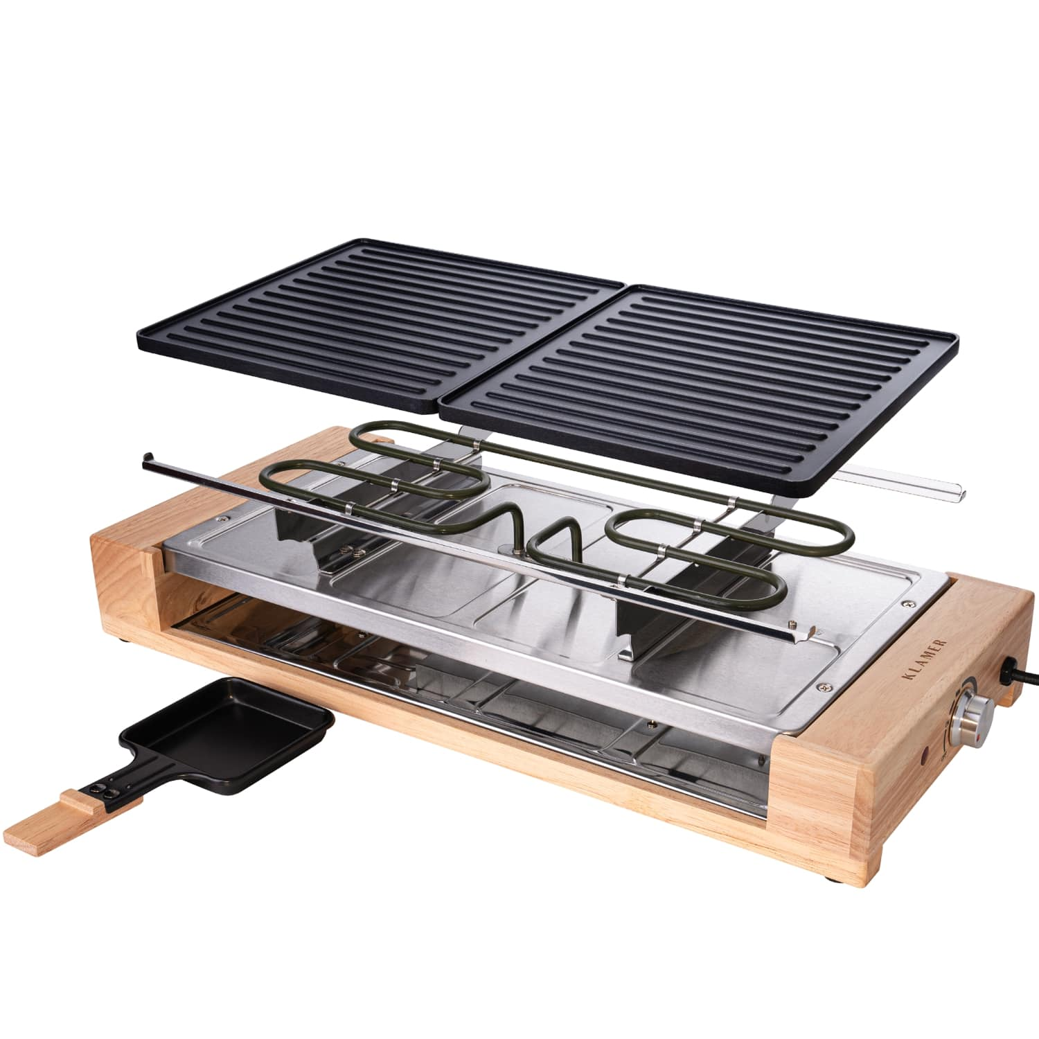 Raclette-Grill mit Holzrahmen, Heizstäben, abnehmbaren Grillplatten und einer einzelnen Raclette-Pfanne.