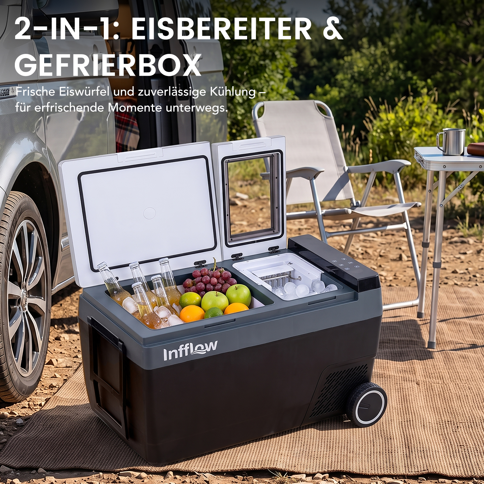 Tragbare Kühlbox mit offenem Deckel voller Getränke, Früchte und Eis, platziert neben einem Wohnmobil im Freien.