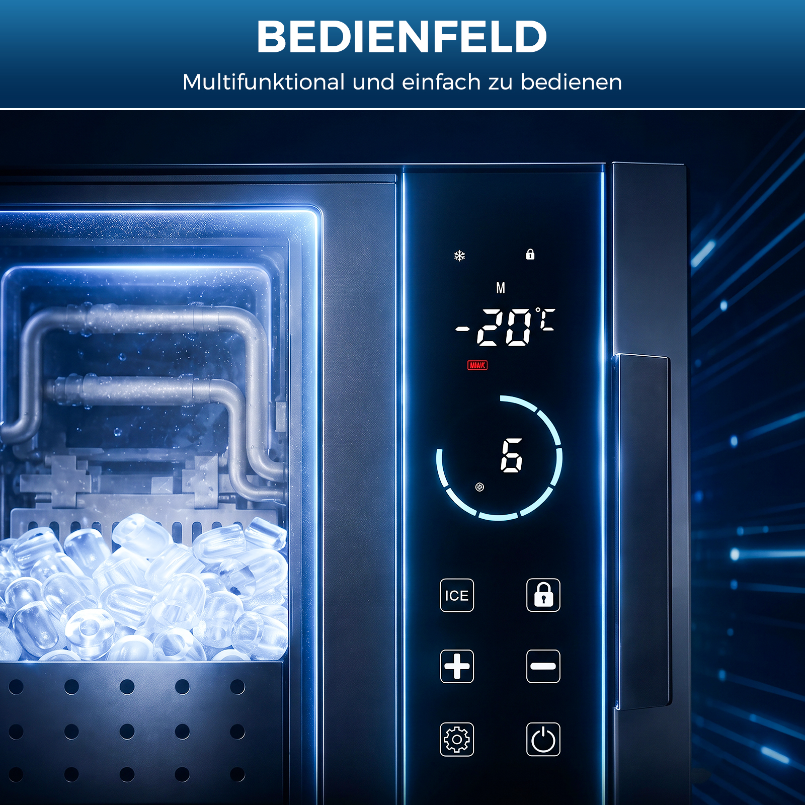 Moderne Eismaschine mit beleuchtetem Kontrollpanel, digitalem Display und gefülltem Eisbehälter.