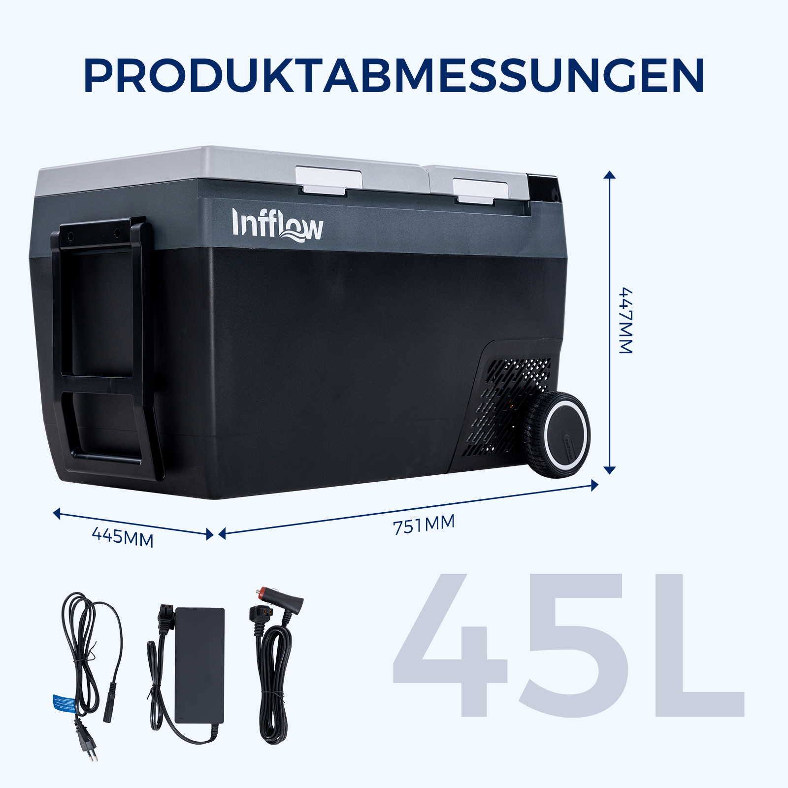 Produktabmessungen einer 45L Infflow Kühlbox mit Maßen 751x445x447mm, inklusive Netzkabel und Autoadapter.
