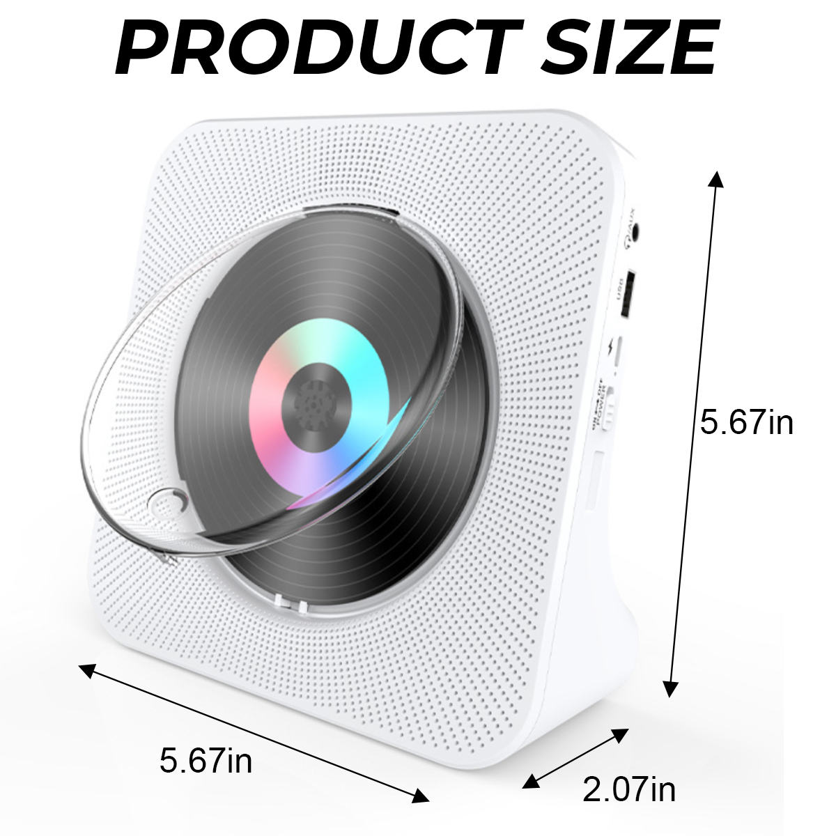 Weißer CD-Player mit transparentem Schutzdeckel und Produktabmessungen von 5,67 x 5,67 x 2,07 Zoll.