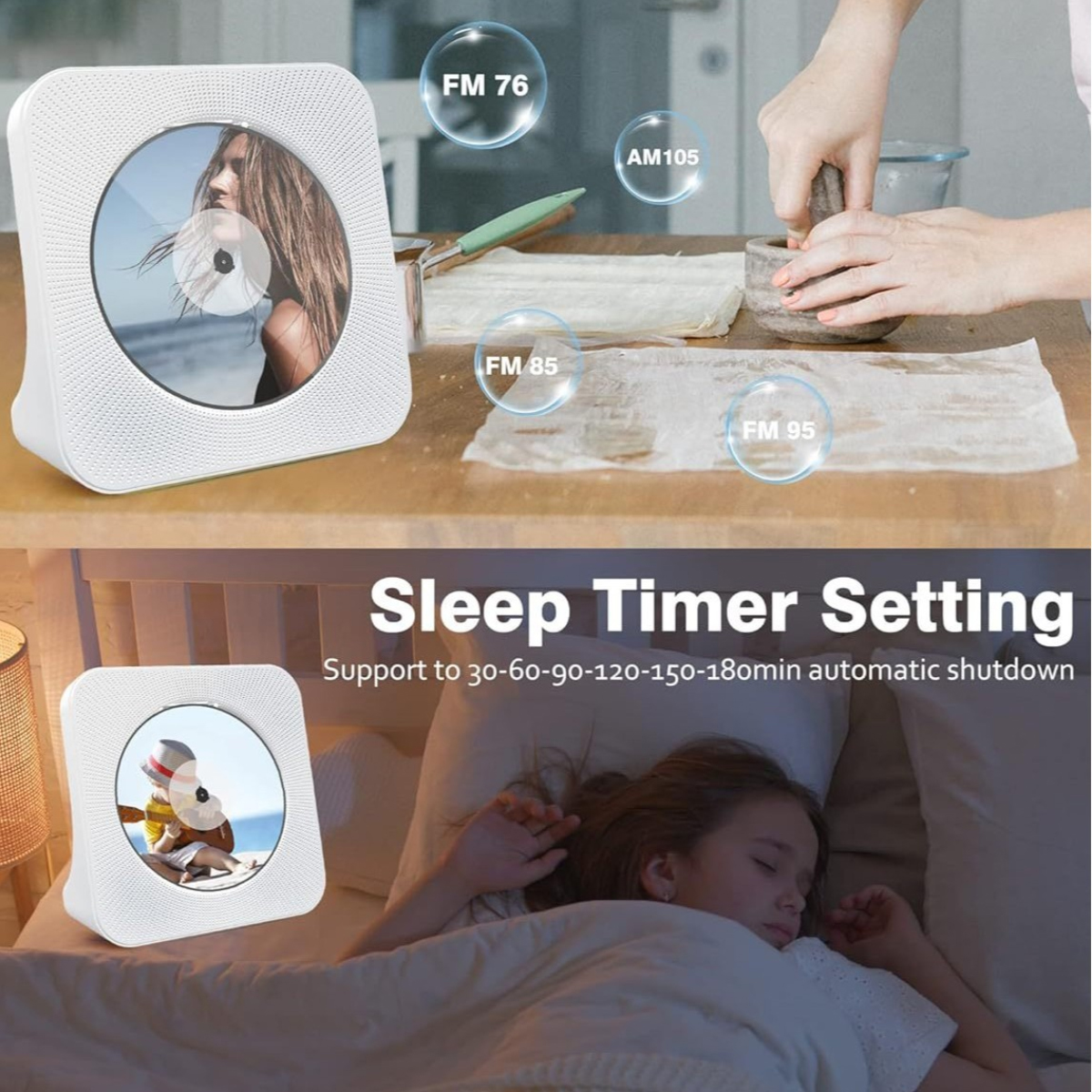 Ein weißer CD-Player auf einem Tisch und einer neben einem schlafenden Kind im Bett mit Sleep-Timer-Text.