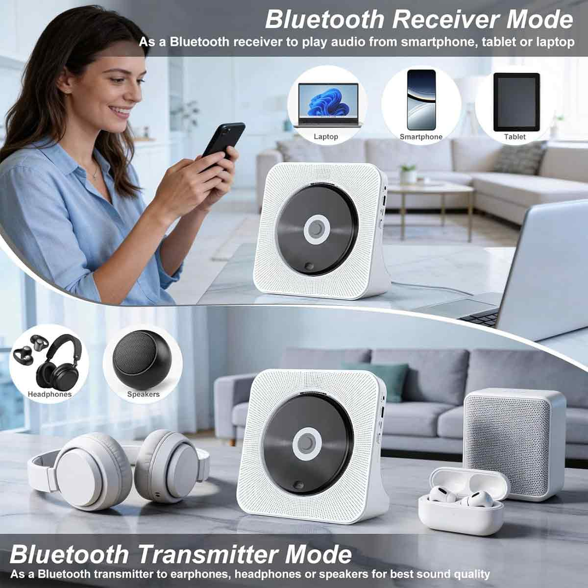Bluetooth-Receiver- und Transmitter-Modus eines weißen CD-Players mit Kopfhörern und Smartphone.