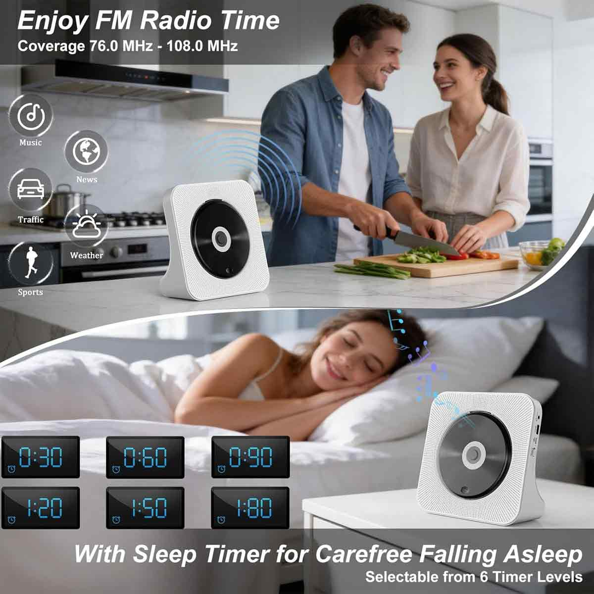 Ein weißes Radio in der Küche und auf dem Nachttisch, mit kochendem Paar und schlafender Frau.