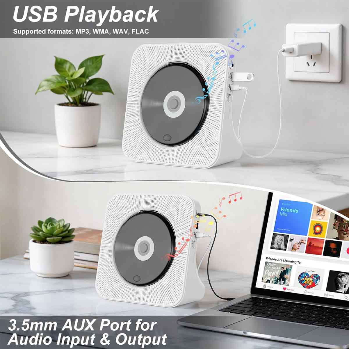 Weißer CD-Player auf Marmor mit USB-Wiedergabe und AUX-Anschluss, neben Topfpflanze.