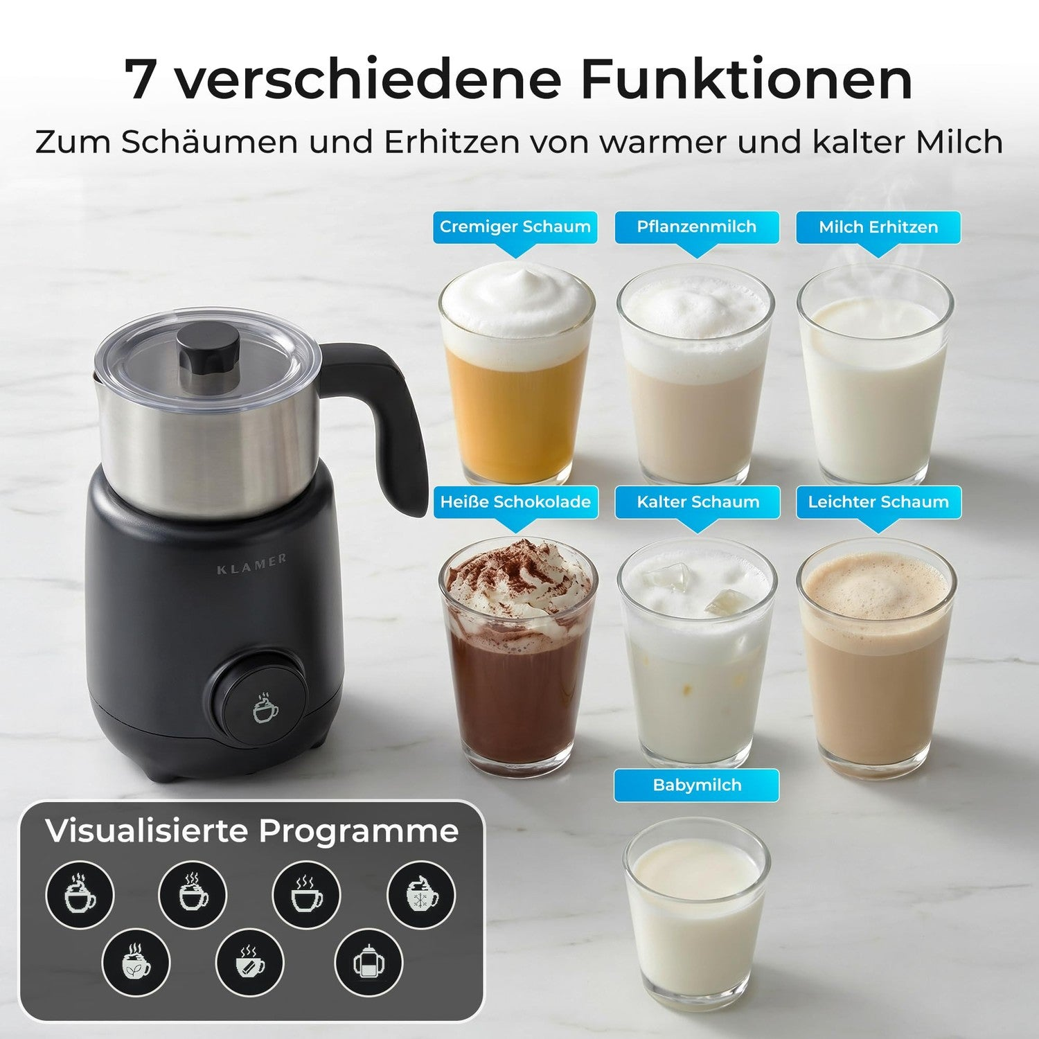 Ein schwarzer Milchaufschäumer neben sieben Gläsern mit verschiedenen Milchgetränken und Funktionen.