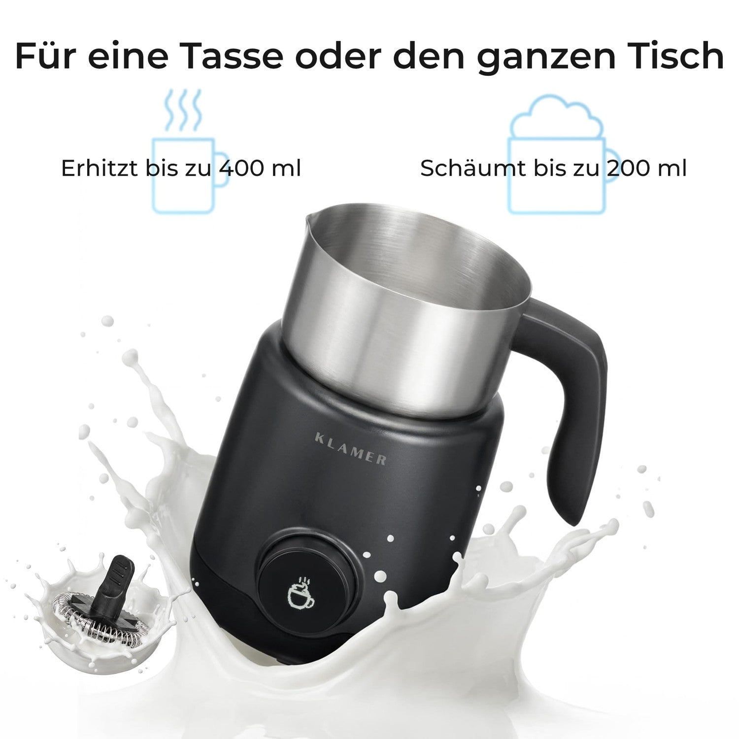 Ein schwarzer Klamer Milchaufschäumer mit Edelstahltasse aus einem Milchspritzer, mit Kapazitätsdetails.