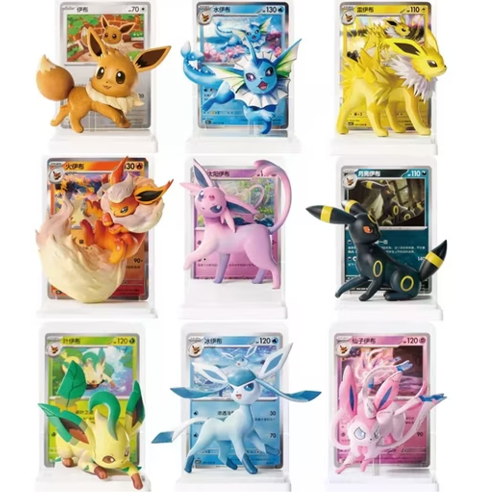 Neun Pokémon-Figuren mit passenden Sammelkarten in Ständern.