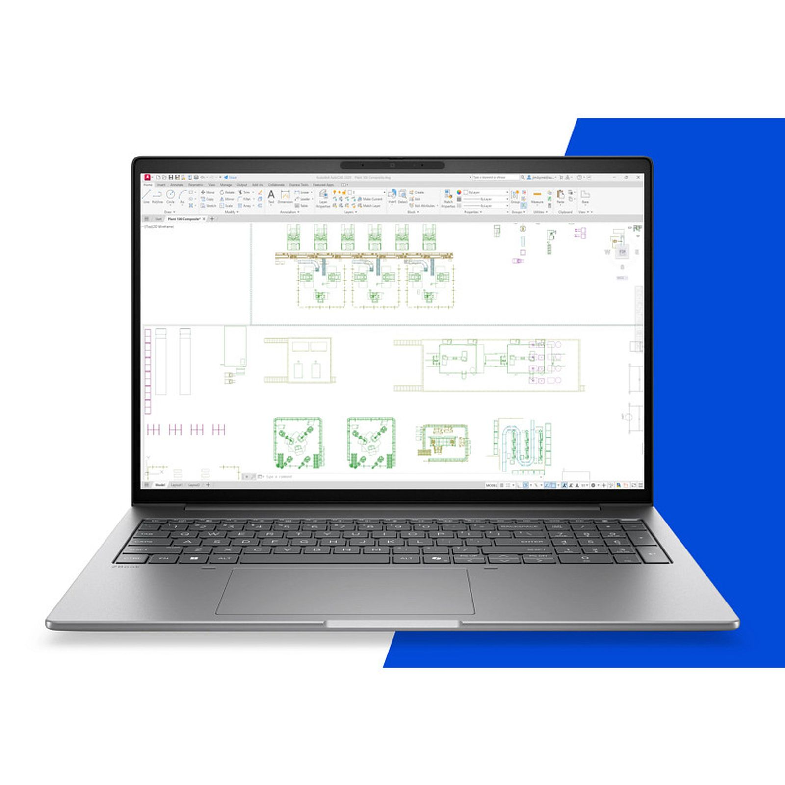 Ein silberner Laptop mit CAD-Plänen auf dem Bildschirm vor einem blauen Hintergrund.