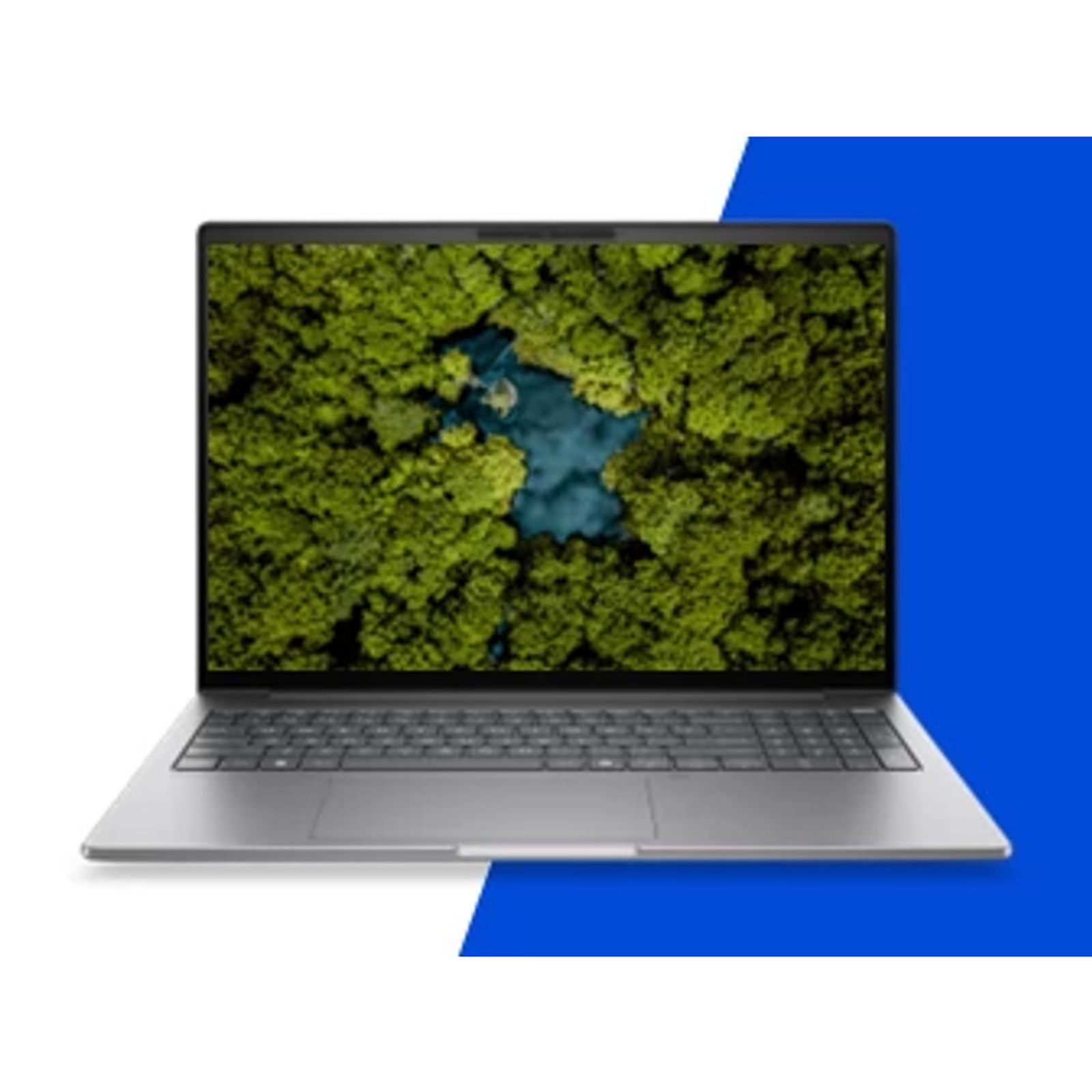 Ein silberner Laptop mit einem Bildschirmfoto von grünem Wald und blauem Wasser vor blauem Hintergrund.