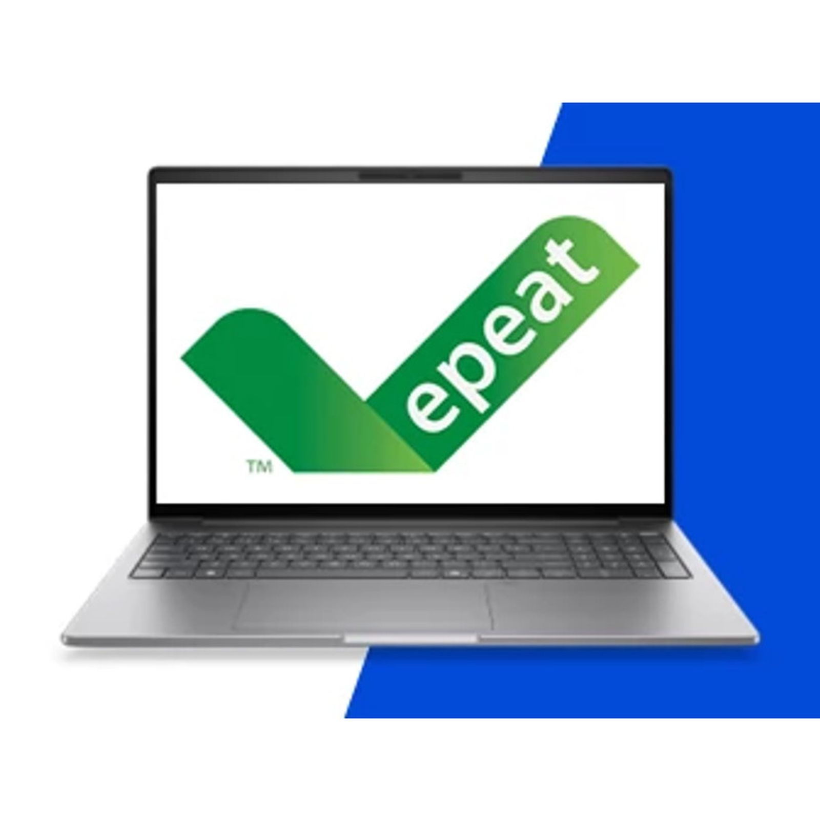 Ein silberner Laptop mit dem grünen Epeat-Logo auf dem Bildschirm vor einem blau-weißen Hintergrund.