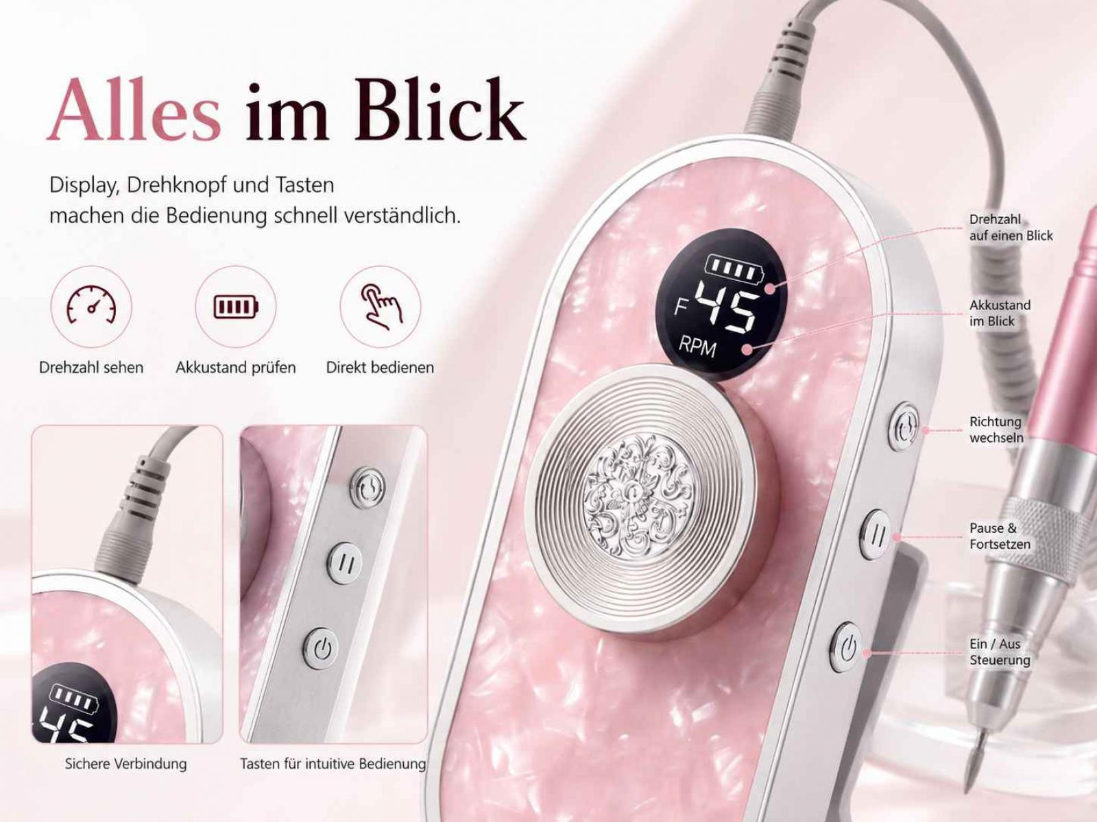 Rosa Nagelbohrmaschine mit digitalem Display, Drehknopf und Funktionsknöpfen.